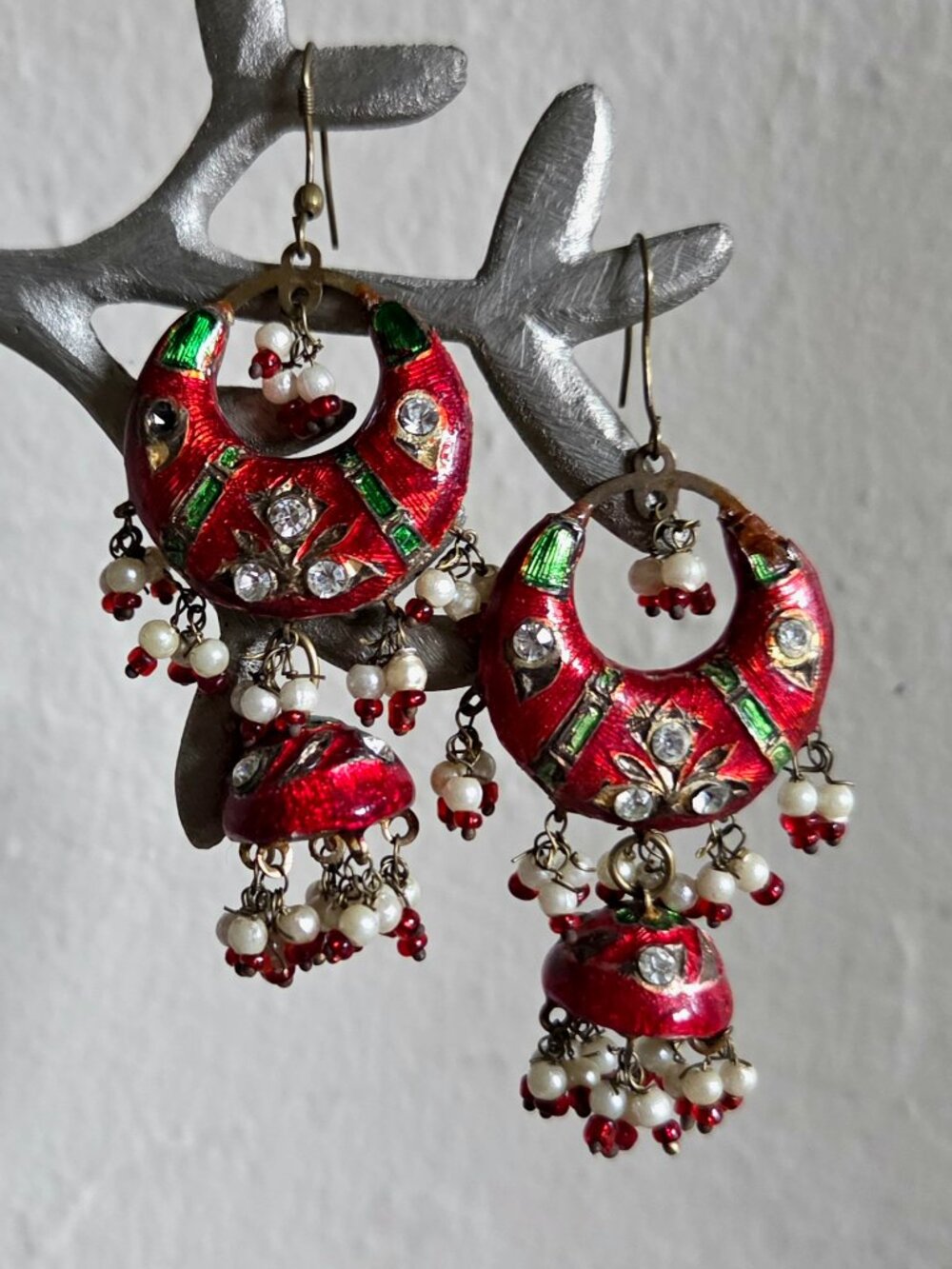 Vintage Handmade Lakh Dangling Earrings India Double Sided Green & Red